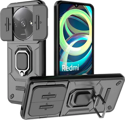 Produktbild von Hülle für Xiaomi Poco C61 / Redmi A3 Dual Layer Handyhülle Schiebe Kamera Schutz und Ringhalter Ständer Schwarz