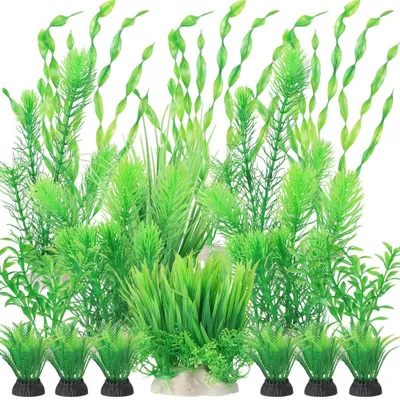 Image de Lot de 18 plantes d'aquarium artificielles, toutes vertes, en plastique, pour la décoration des aquariums.