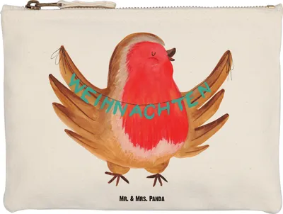 Produktbild von Mr. & Mrs. Panda aufbewahrungstasche Rotkehlchen Weihnachten Größe M - Weiß - Geschenk, Winter, Weihnachtsmotiv, Kulturbeutel, Schlampermäppchen, Mäppchen, Vogel, Pouch