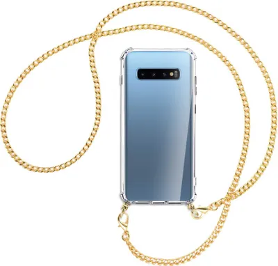 Produktbild von Handykette Backcover-Schutzhülle mit Band (Metall goldfarben) für Samsung Galaxy S10+ / S10 Plus - goldfarbene Kette