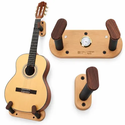Produktbild von Gitarren-Wandhalterung aus Massivholz, mit Hygrometer und Plektrumhalter, für Akustikgitarre, E-Gitarre, Bass und Ukulele