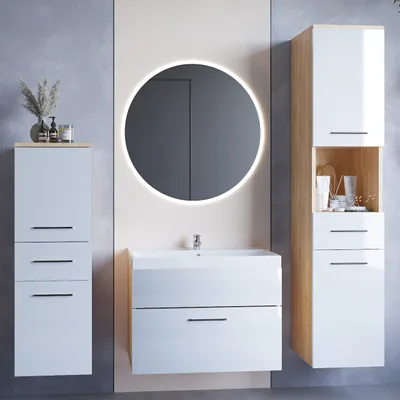 Produktbild von Badmöbel-Set Badezimmermöbel LIPSY LED artisan eiche / weiß glanz Waschbecken inkl.