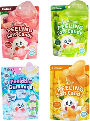 Produktbild von Cokoc Peeling Soft Candy – 4x Fruchtgummi-Snack  – Mango, White Peach, Green Grape, Mixed Fruit Soda- 300g Gesamt+Heartforcards Versandschutz