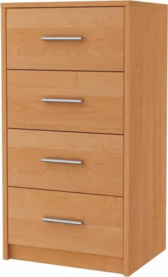 A light brown wooden chest of drawers with four drawers and silver handles is shown against a white background.