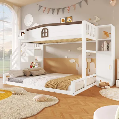 Immagine prodotto di Letto a castello 90 x 200 / 140 x 200 cm con scaletta, armadio, spazio contenitivo e finestra decorativa, realizzato in MDF e legno di pino, colore bianco