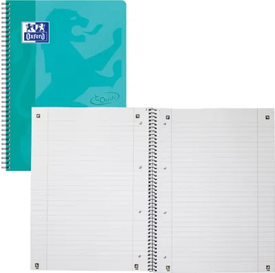 A teal Oxford Collegeblock Touch A4+ notebook is shown, with the cover on the left and the open pages on the right.