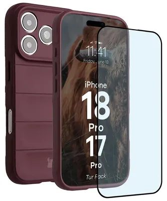 Produktbild von Robuste Handyhülle + gehärtetem Glas für iPhone 17 Pro, Bizon Tur Pack, Burgunderrot