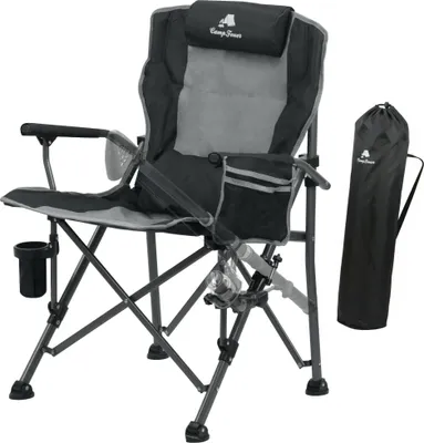 Produktbild von CampFeuer Angelstuhl mit Angelhalterung Grau / Schwarz, Outdoor Campingstuhl, Faltbarer Karpfenstuhl