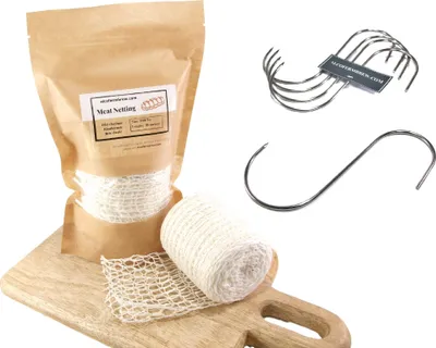 Produktbild von Fleischnetz 200mm / 10m + Fleischhaken x 5 - Schinkennetz, Räuchernetz, Fleischhaken