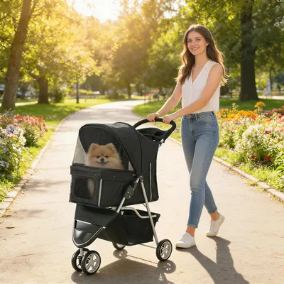 Produktbild von Hundebuggy faltbar mit Aufbewahrungskorb, Hundewagen für kleine Hunde, Oxford-Stoff, Schwarz | bis 10 kg | 77 x 44 x 102 cm | 4 kg leicht