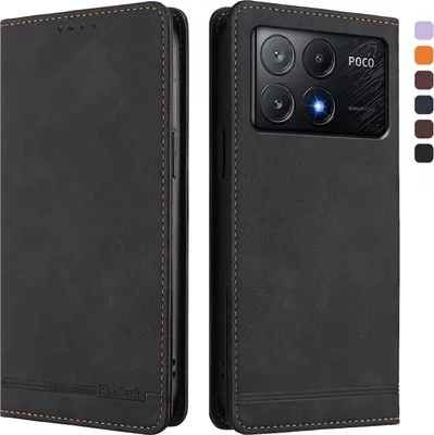 Produktbild von Hülle für Xiaomi Poco X6 Pro, Retro Kunstleder Ständer Klapphülle mit Kartenfächer und Magnetische Schwarz