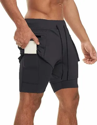 Produktbild von ASKSA Herren 2 in 1 Shorts Laufshorts Fitness Laufhose Gym Fitness Kurze Sporthose mit Taschen, Schwarz, XXL