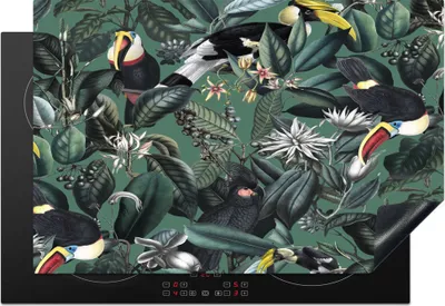 Produktbild von KitchenYeah© Herdabdeckplatte Blumen - Vogel - Collage , 76x51cm, Küche Deko, Glaskeramikkochfeld Herdabdeckung, Abdeckplatte fùr Kochfeld