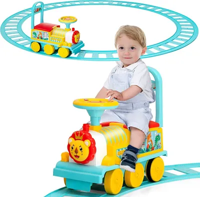 Produktbild von Elektro Zug zum Aufsitzen mit Gleis, 6V Kinder Elektroauto mit Musik & Licht, Kinderauto mit Stauraum, für Kinder ab 3 Jahren, Belastbar bis 25 kg (Blau)