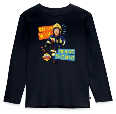 Produktbild von Spreadshirt Feuerwehrmann Sam™ On My Way To Save The Day Kinder Premium Langarmshirt, 122/128 (6 Jahre), Navy