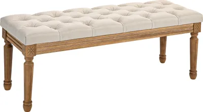 Produktbild von Ławka HOMCOM, tapicerowana ławka o wyglądzie lnu, drewniane nogi, ławka do sypialni, salonu, przedpokoju, 120 x 41 x 48 cm, kremowa