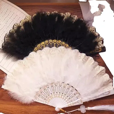 Image de Éventails, en bambou et plumes, design élégant, lot de 2