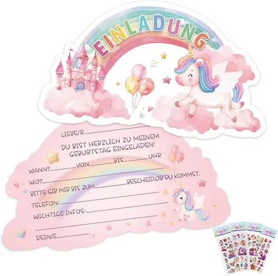 Produktbild von Einhorn-Einladungskarten – Set mit 12 Stück – für Kindergeburtstage – für Mädchen