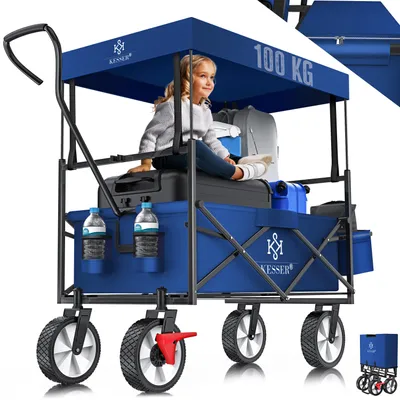 Produktbild von KESSER® Bollerwagen faltbar mit Dach Handwagen Transportkarre Gerätewagen | inkl. 2 Netztaschen und Einer Außentasche | klappbar | Vollgummi-Reifen | bis 100 kg Tragkraft | Mit Vorderrad-Bremse