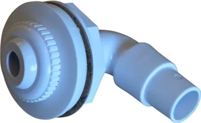A white plastic pool inlet nozzle with a 90-degree elbow fitting.
