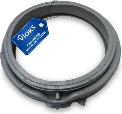 A gray washing machine door seal with a blue tag attached.