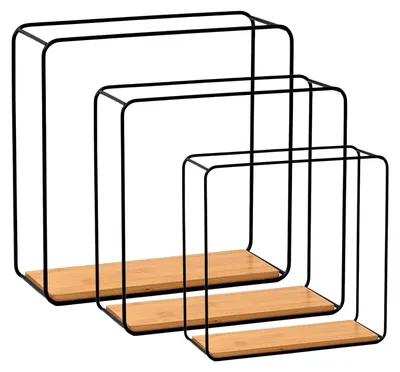 Produktbild von Wandregal Metall/Bambus 3er Set | Schwarz/Holz | Schrankregal, Würfelregal, 3-Teiliges Hängeregal, Wanddeko und Ablage