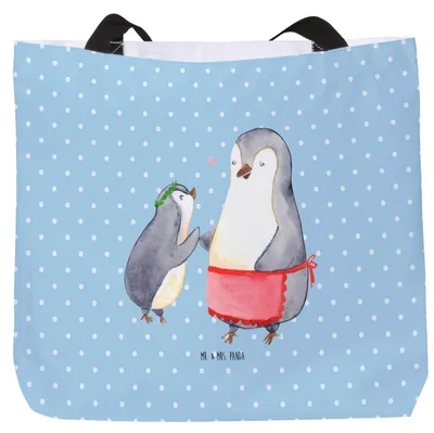 Produktbild von Mr. & Mrs. Panda Reisetasche Pinguin mit Kind - Blau Pastell - Geschenk, Muttertag, Mutter, Pinguine, Mama, Tote Bag, Strandtasche, Tragetasche, Vorbild, Schultasche