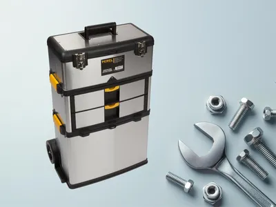 Produktbild von Perel Werkzeugwagen 3-in-1, robuster Trolley aus Edelstahl, mit ausziehbarem Teleskopgriff, großen
