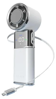 Zdjęcie produktu dla Ręczny wentylator USB – przenośny mini wentylator – chłodzenie półprzewodnikowe – powerbank 6000 mAh – 100 stopni regulacji – cicha praca – składany – wyświetlacz LED – biały