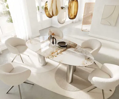 Produktbild von DELIFE Esstisch Edge Oval 220x120 Keramik Minas Melange Weiß-Beige Pilier Edelstahl