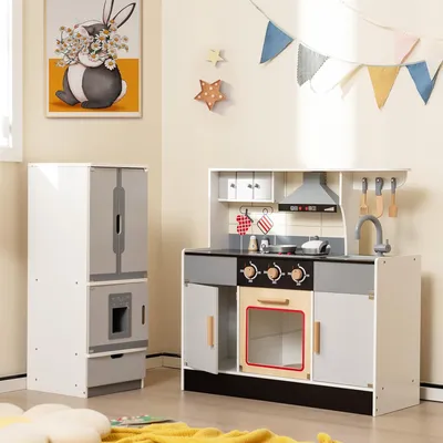 Produktbild von Kinderküche mit 14 TLG. Zubehör, Holzküche Kinderspielküche Waschbecken Herd Backoffen und trennbarem Kühlschrank, Spielküche aus Holz für Kinder ab 3 Jahren