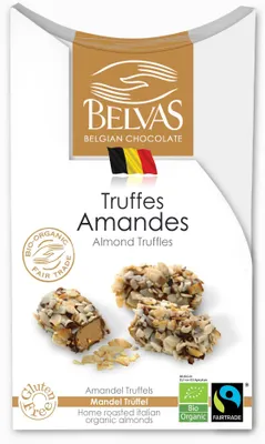 CZEKOLADKI BELGIJSKIE TRUFLE Z MIGDAŁAMI FAIR TRADE BEZGLUTENOWE BIO 100 g - BELVAS