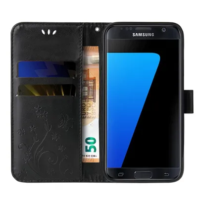 Produktbild von Handyhülle für Samsung Galaxy S7 edge Floral Blumen Schmetterling Flip Cover Hülle Case Klapphülle Handytasche Farbe: Schwarz
