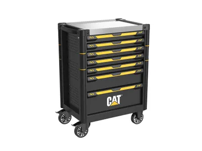Produktbild von CAT Werkstattwagen bestückt mit Werkzeug | Werkzeugwagen mit 7 Schubladen 5 gefüllt | KFZ Werkzeugkasten abschließbar | mobiler Werkzeugschrank