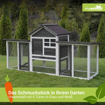 Produktbild von MyAnimal Hasenstall MH-31 | Hasenkäfig Zweistöckig - Freilaufgehege - Kaninchenstall - 5 Türen - Kleintierstall - wetterfester Stall - Dach zum Öffnen