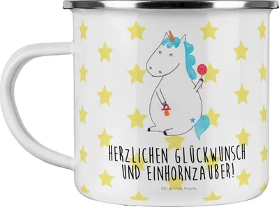 Produktbild von Mr. & Mrs. Panda Pott Einhorn Baby - Weiß - Geschenk, Haferl, Einhörner, Kaffeepott, Emaille Becher, Mutter, Tasse, Schnuller, Unicorn, Geburtstag, Teetasse