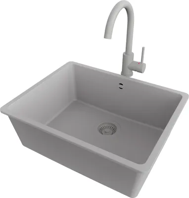 Produktbild von PRIMAGRAN Unterbauspüle Granit Grau 56x44cm, Spülbecken 1 Becken + Küchenarmatur 32x20cm + Ablauf-Set, Granitspüle ab 60er Unterschrank - Venedig Easy