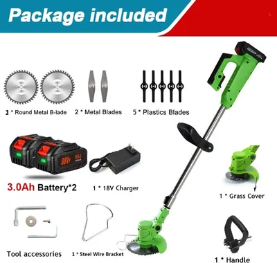 Produktbild von Akku-Rasentrimmer 21V mit 2 Batterien, Freischneider, Motorsense, mit Akku und Ladegerät, Teleskop-Stiel & Zusatzhandgriff, Grün