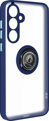 A dark blue and clear phone case with a ring holder is shown against a white background.