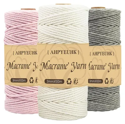 Makramee-Garn 3 mm x 100 m, 3er-Pack, Baumwollkordel, dunkelgrau/beige/hellrosa