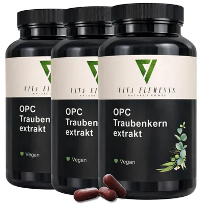 Immagine prodotto di Vita Elements Estratto di Semi d'Uva OPC Set da 3 240 Capsule Antiossidanti Polifenoli Integratore Alimentare