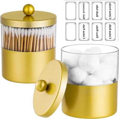 Productafbeelding van Qtip Houder Set - Opbergpotjes Badkamer - Badkamer Organiseren - Mat Goud Finish - 2 stuks - Goud