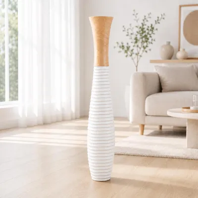 Produktbild von Leewadee Hohe Bodenvase 85 cm aus Mangoholz in natur, KI-generiertes Bild
