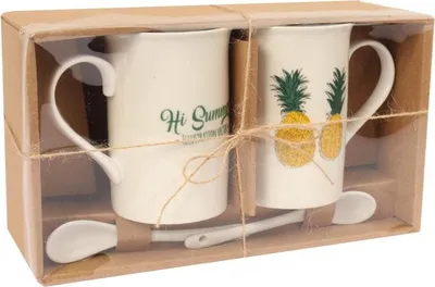 Zdjęcie produktu dla Zestaw Prezentowy: 2 Ceramiczne Kubki z Łyżeczkami - Motyw Ananasów Summer