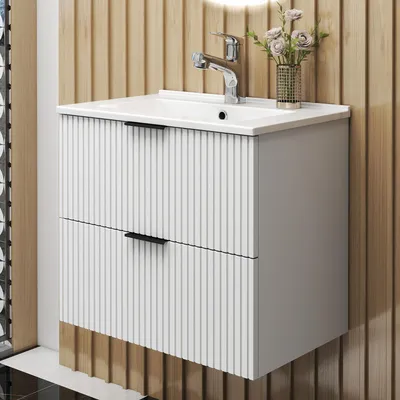 Produktbild von AICA Waschbeckenunterschrank Weiß Matt 60cm Dünn Keramik Waschtisch mit Unterschrank,2 Softclose-Schubladen,geriffelte Schubladentüren