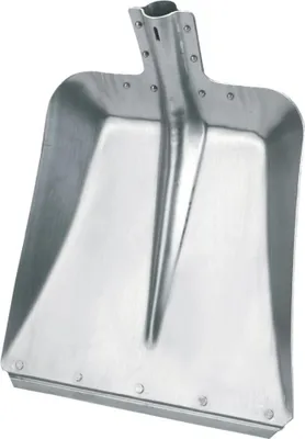 A close-up, studio shot of a metal shovel head.