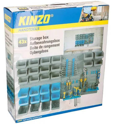 Obrázok produktu pre Kinzo tvarovaná stena 43 dielov: 2-dielny panel, 28 odkladacích priehradiek, 10 háčikov, 3 držiaky