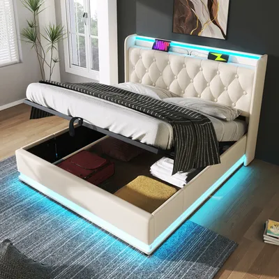 Produktbild von okwish Boxspringbett Polsterbett 180 x 200 cm mit Kopfteil mit USB&Typ-C-Ladeanschluss, Hydraulisches Stauraumbett mit Bettkasten Stauraum und mit LED-Beleuchtung(Ohne Matratze)- Polyurethanwei