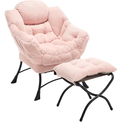 Image de Fauteuil en flanelle, fauteuil à oreilles avec 1 repose-pieds, 1 poche latérale, fauteuil relax avec repose-pieds, fauteuil rembourré avec structure en acier