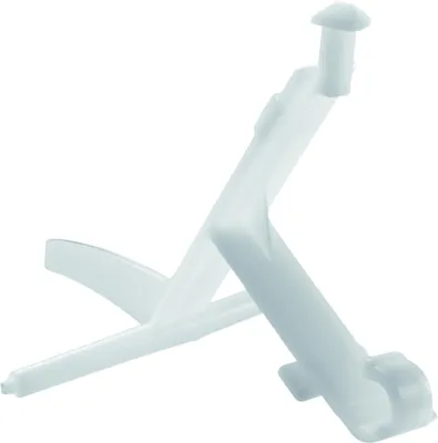 A white plastic lever for a toilet flush mechanism.